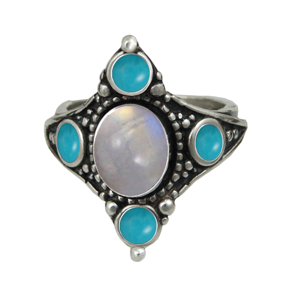 Sterling Silver Renaissance Queen's Ring With Rainbow Moonstone And Turquoise Size 10